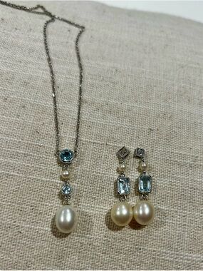 ✨ 14K Gold Pearl with Blue Topaz Set (Italy 585) ✨